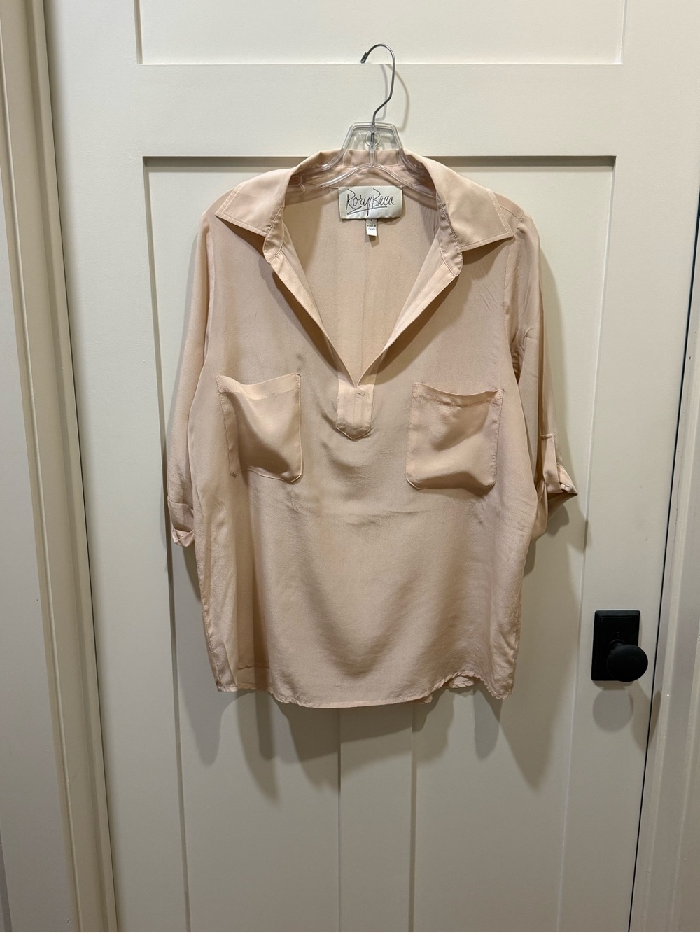Rory Beca Lightweight Silk Blush Pink V-Neck Pocket Blouse